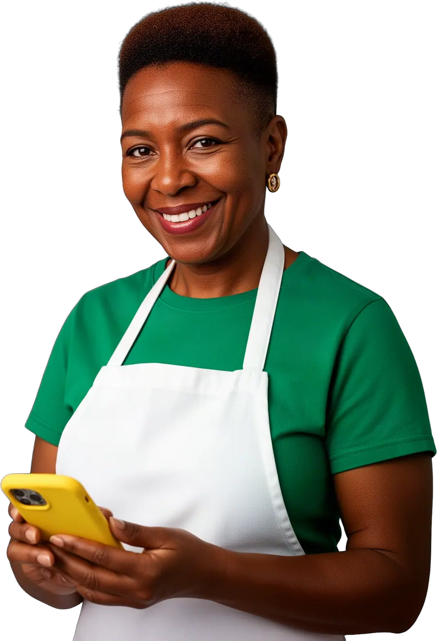 Smiling bakery owner in a green t-shirt and white apron holding a yellow smartphone